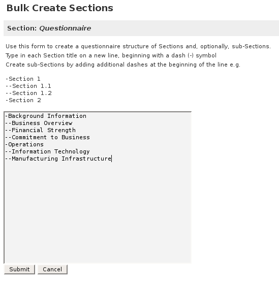 Screenshot showing how sections can be created en masse